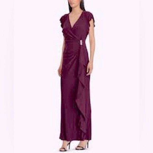 Ralph Lauren Ruffle Long Gown 6 Rhinestone Elegant Burgundy Purple Maxi Dress - Picture 1 of 4